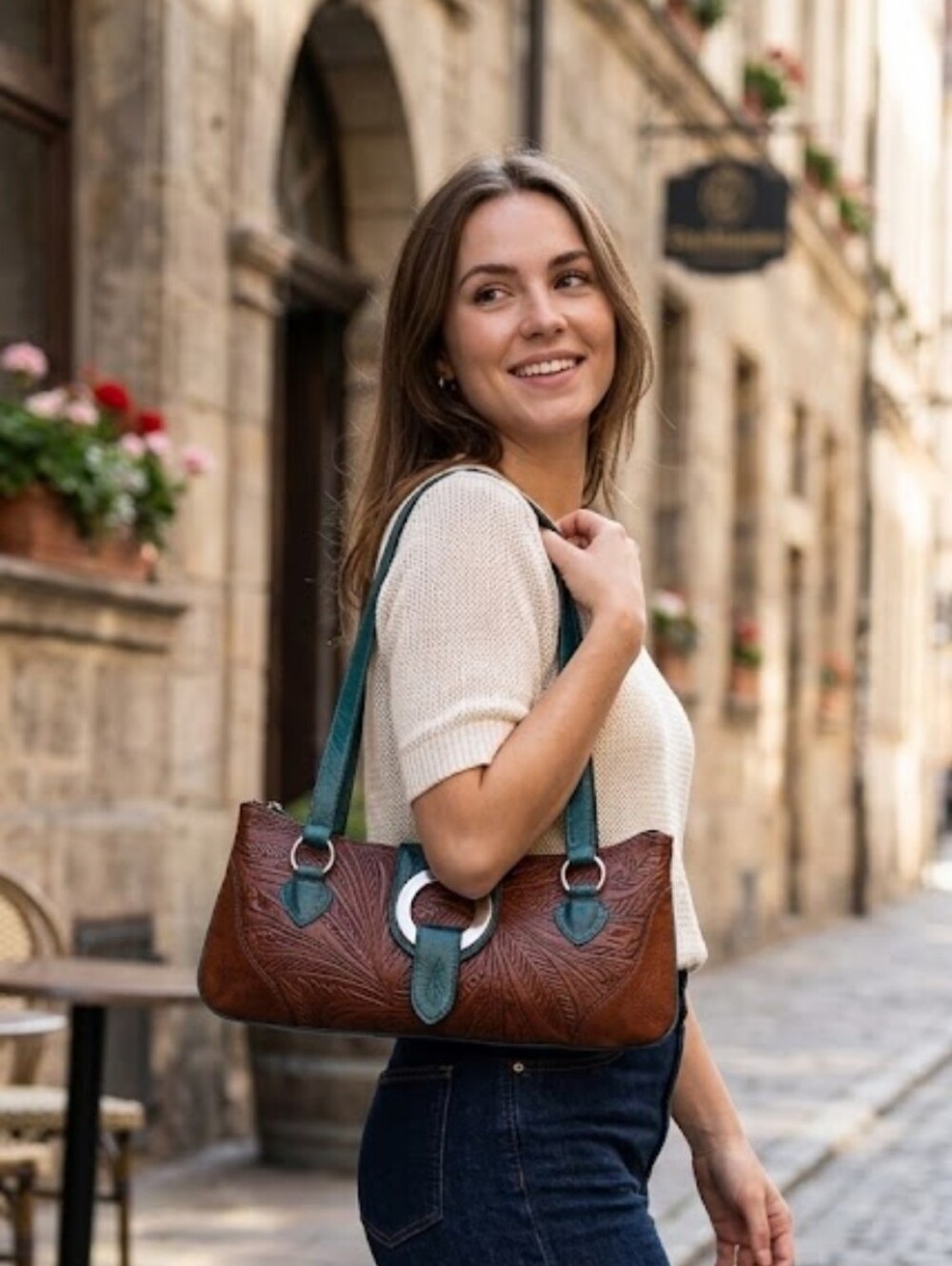 Leaders In Leather Brown Green Leather Embossed Shoulder Bag Double Straps